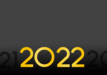 2022 yellow logo. Two thousand twenty two digits. Symbol of coming year on black background. Place for your advertisement. Simple greeting poster design. Number 2022 poster. 2D image.