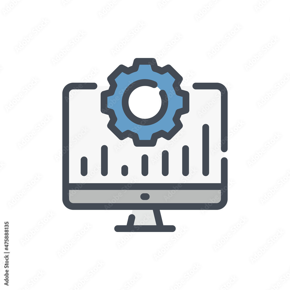 Poster online preference settings color line icon. computer with gear and statistics chart vector outline c