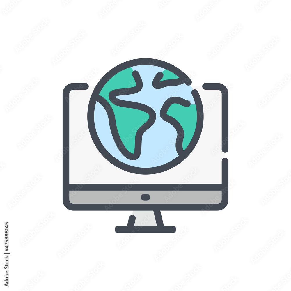Poster internet connection color line icon. computer with globe vector outline colorful sign.