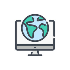 Internet connection color line icon. Computer with globe vector outline colorful sign.