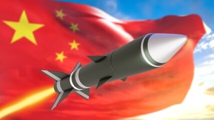 Missile on background of flag of China. Chinese flag flies in sky. Concept Chinese ballistic...