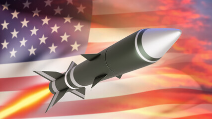 Air defense system of USA. Flying rocket symbolizes air defense system. US flag flies alongside...