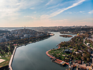 Drone view of the Bosphorus Bay. Drone shot of the city of Istanbul. Marina with ships in the Turkish city. Park near the Bosphorus River in Istanbul.