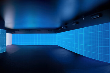 Indoor solar panels. Walls of room are equipped with solar panels. Concept is production of solar panels. Production and testing of equipment for generating electricity. Corridors with blue walls