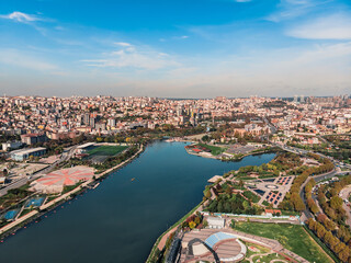 Fototapeta premium Drone shot of a panoramic view of Istanbul. Residential area of ​​Istanbul. Densely built up Istanbul. Drone view of the Turkish city. Drone view of the Bosphorus Bay. Drone shot football stadium
