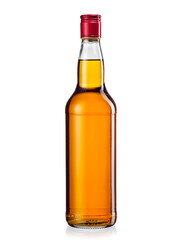 Whiskey bottle with red cap on white background