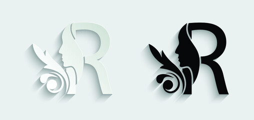 letter R woman face vector template logo beauty salon 