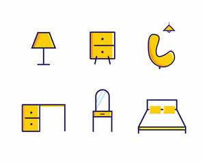 modern furniture icon set logo, with a bright and cheerful concept. simple and unique logo for corporate branding and graphic design. chair, table, cupboard, lamp icon. vector illustration