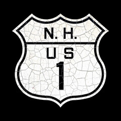 New Hampshire US Highway Route 1 Road Sign, retro style, old cracked paint sign