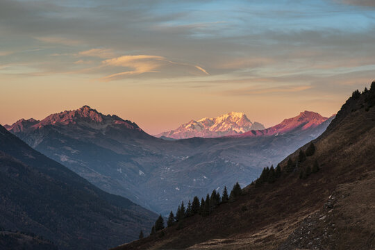 Beautiful view of Mont Blanc and Col de la Madeleine before sunset