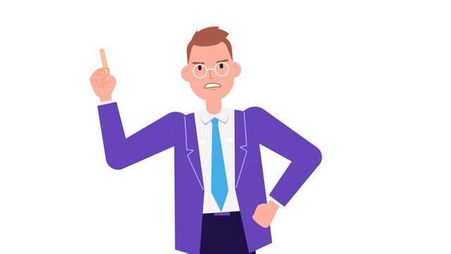 angry boss or office worker animation. cartoon 2d flat style man character. mouth animation, lip-syncing, screaming. business man in suit bad boss, anger emotion, facial expression. looped footage