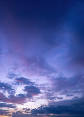 Naklejka na ściany i meble Beautiful view of sky with clouds at sunrise. Partly cloudy. Colorful sunset. Natural blue sky background texture, beautiful color.