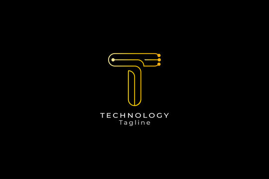 Letter T Golden color Technological electric line art dot business logo	