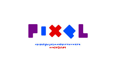 Obraz premium Pixel round font, trendy alphabet, bold letters and numbers made in the simple mosaic style, vector illustration 10eps