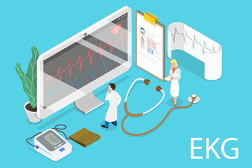 3D Isometric Flat Vector Conceptual Illustration of EKG - Electrocardiogram, Cardiological Illnesses Prevention - obrazy, fototapety, plakaty
