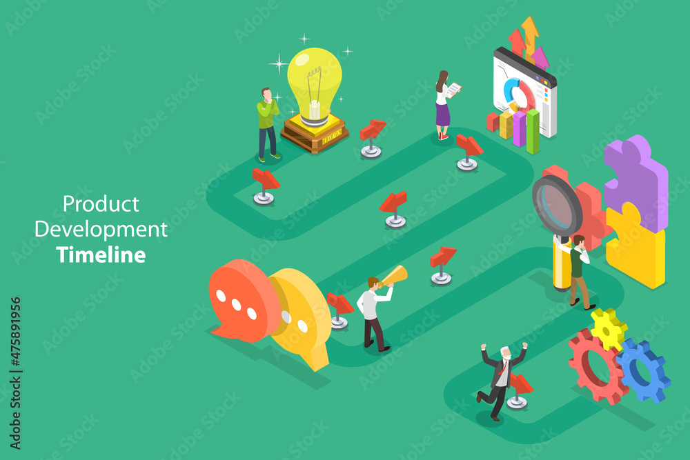 Poster 3d isometric flat vector conceptual illustration of product development timeline, business workflow 