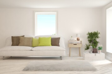 Fototapeta premium White living room with sofa. Scandinavian interior design. 3D illustration