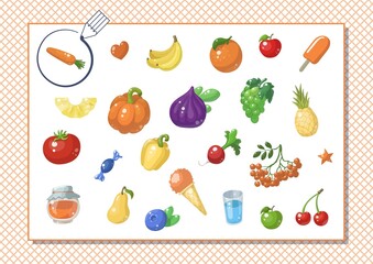 Circle orange color. Kindergarten worksheet to help children strengthen his visual discrimination skills. Different food.