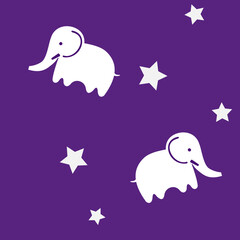 Seamless pattern with elephants and stars isolated over dark blue background with purple-red undertone
