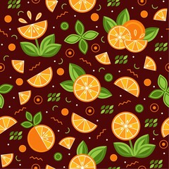 Seamless background with orange slices, geometric elements. Flowers made of orange slices. Good for branding, decoration of food packaging, cover design, decorative print, textile