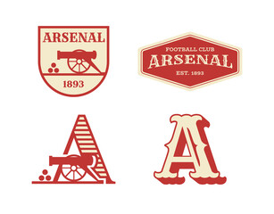 Graphic template of modern football logo for weapon gun production. Arsenal and cannon football logo. - obrazy, fototapety, plakaty