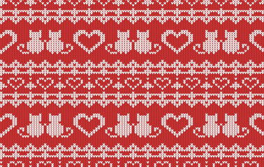 Knitted texture, seamless vector pattern with cats and hearts