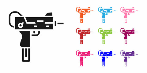 Black UZI submachine gun icon isolated on white background. Automatic weapon. Set icons colorful. Vector - obrazy, fototapety, plakaty