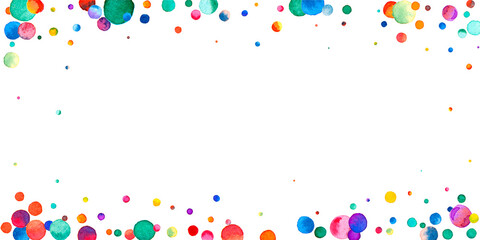 Watercolor confetti on white background. Alluring rainbow colored dots. Happy celebration wide colorful bright card. Sightly hand painted confetti.