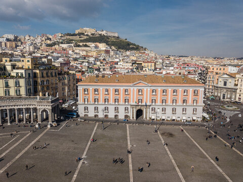 Aerial view of Palazzo della Prefettura on Piazza del Plebiscito, Naples, Campania, Italy