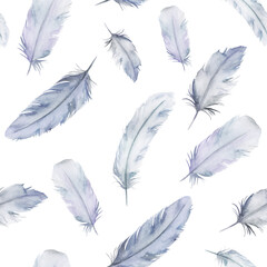 Watercolor feathers abstract seamless pattern. Hand drawn illustration on white background