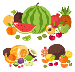 Fruits cut slice half and whole concept illustration. Vector flat cartoon graphic design isolated set