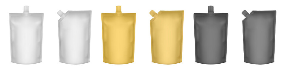 Set of doypack packaging with screw cap. Blank foil drink bags pouches with spout. Ketchup, mayonnaise or mustard. Stand up doy pack mock up set: black, gold and white