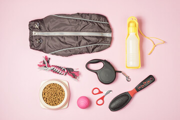Accessories for dogs on a pink background. Clothes for the dog, leash, water bottle, toys, hairbrush