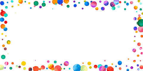 Watercolor confetti on white background. Alluring rainbow colored dots. Happy celebration wide colorful bright card. Fresh hand painted confetti.