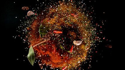 Freeze motion of flying mix of spice on black background.