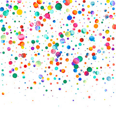 Watercolor confetti on white background. Admirable rainbow colored dots. Happy celebration square colorful bright card. Positive hand painted confetti.