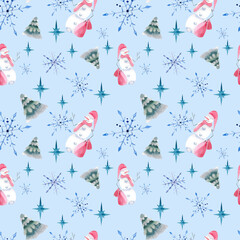 Seamless watercolor pattern. Seamless winter design on a light blue background with snowmen, blue snowflakes and Christmas trees