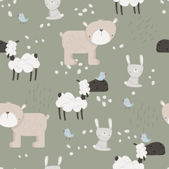 Seamless pattern with cute bear,  hare, sheep and bird in Scandinavian style. Vector funny background for children.