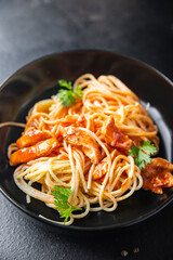 spaghetti tomato sauce pasta healthy meal food diet snack on the table copy space food background rustic 