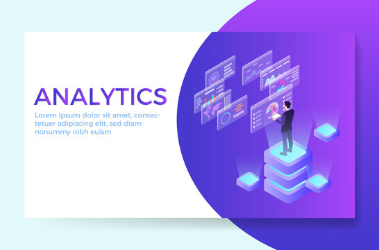 Man interacting with virtual charts and analyzing statistics. Data visualization concept. Landing page template. 3d isometric illustration. Can be used for web banner, infographics, hero images