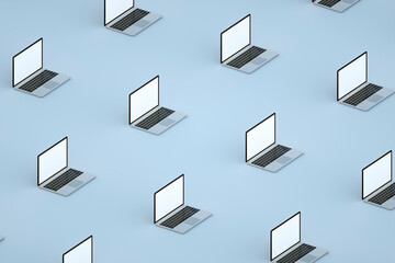 Mockup set of many open laptop on blue background. Isometric view. 3d render