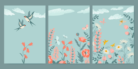 Set of vector illustrations for Valentine's Day with wildflowers, butterflies, swallows and hearts.