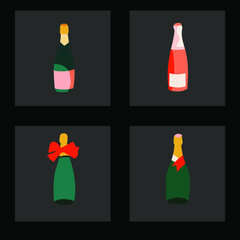 Various Bottles. Bottles of Different shapes and colors. Champagne, Prosecco, Rose, Brut Sparkling wines. Hand drawn colorful Vector illustrations. Celebration concept. 
