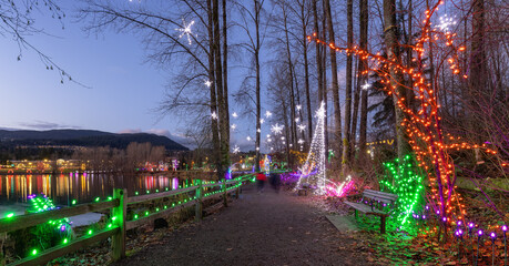 Trail in a park around Lafarge Lake with Christmas Lights. Located in Coquitlam, Greater Vancouver, British Columbia, Canada.