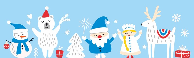 New Year's illustration with Santa Claus and snow maiden, snowman and bear