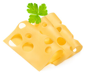 Cheese with hole  isolated. Cheese slices on white background, top view.