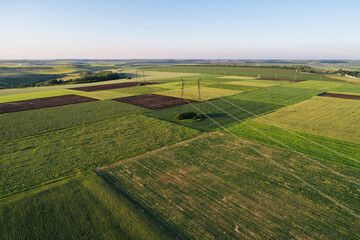 Rural landscape. Gardens and fields under power lines 