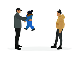 Male character, female character and child in warm clothes on a white background