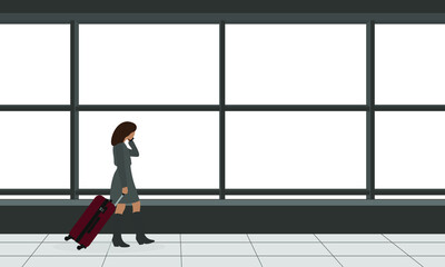 Female character with a suitcase on wheels walking indoors with large windows and talking on the phone