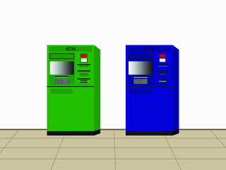 Two ATMs of different colors are on the floor indoor